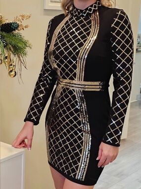 New Black Gold Sequin Grid Long-Sleeve Bodycon Dress Size 16 Large Sexy Formal
